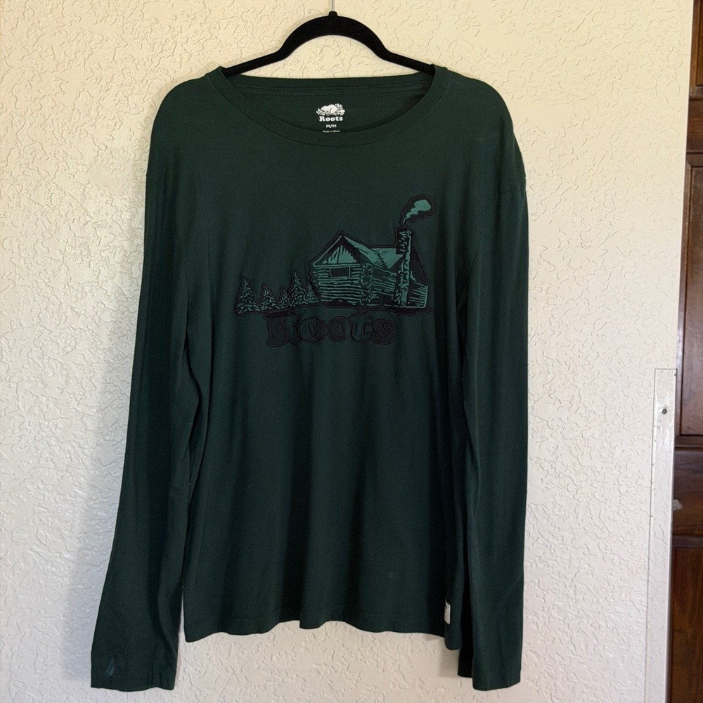 Roots Long Sleeve T-Shirt Green M Mens‎ Cabin Graphic Cotton Crew Neck